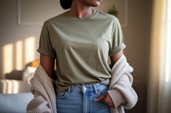 Woman wearing olive green t shirt and jeans image Product Image 1