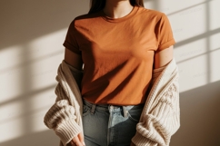 Terracotta tee and cream cardigan denim Product Image 1
