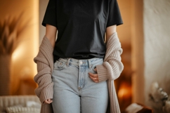 Black shirt light jeans beige cardigan image Product Image 1