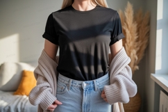 Black tee light denim jeans cardigan mockup shirt Product Image 1