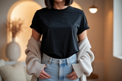 Black t shirt light jeans beige cardigan wash Product Image 1