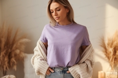 Woman wearing lavender t shirt and cream cardigan t-shirt Product Image 1