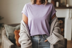 Woman wearing lavender t shirt and grey cardigan image Product Image 1