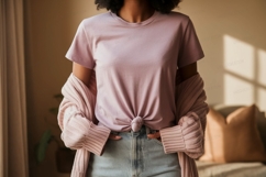 Woman wearing pink t shirt and cardigan Product Image 1