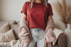 Red shirt light jeans knit cardigan mockup apparel Product Image 1