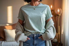 Woman wearing mint green t shirt and blue jeans image Product Image 1