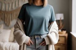 Teal t shirt and cream cardigan mockup image Product Image 1