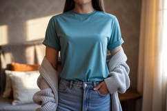 Teal t shirt blue jeans grey cardigan tshirt Product Image 1