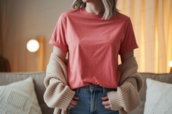 Coral t shirt with beige cardigan image Product Image 1
