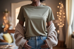 Olive green t shirt and denim jeans mockup image Product Image 1