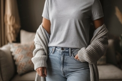 Grey t shirt blue jeans cardigan tshirt Product Image 1