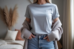 Light blue t shirt and grey cardigan mockup clothing Product Image 1