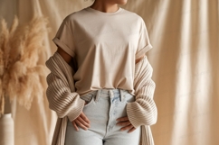 Beige t shirt and cardigan mockup jeans Product Image 1