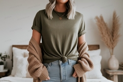 Olive tee and tan cardigan mockup image Product Image 1