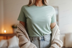 Light green t shirt and denim jeans image Product Image 1