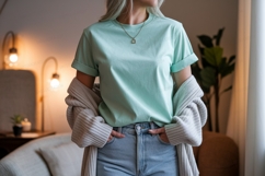 Mint t shirt light blue jeans grey cardigan image Product Image 1