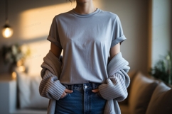 Grey t shirt blue jeans cardigan image Product Image 1