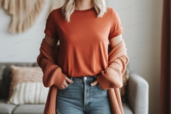 Orange tee blue jeans cozy cardigan woman apparel Product Image 1