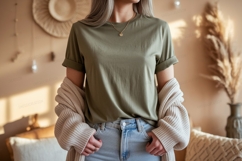 Olive green t shirt mockup with cardigan image Product Image 1