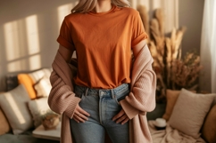 Orange shirt blue jeans cardigan mockup image Product Image 1
