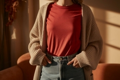 Woman wearing red shirt and beige cardigan image Product Image 1