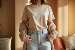 Beige T Shirt Light Denim Jeans Cardigan image Product Image 1