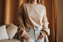 Beige t shirt and cardigan mockup image Product Image 1