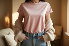 Pink shirt denim jeans cardigan mockup Product Image 1