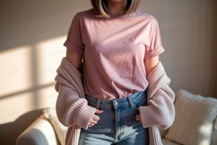 Pink shirt blue jeans cardigan image Product Image 1