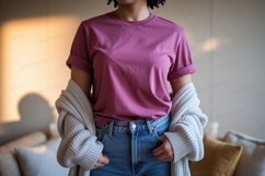 Magenta shirt blue jeans cardigan image Product Image 1