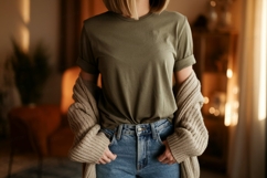 Green t shirt blue jeans cardigan image Product Image 1