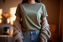 Olive green tee and denim jeans mockup Product Image 1