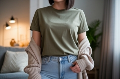 Olive green t shirt and beige cardigan mockup image Product Image 1