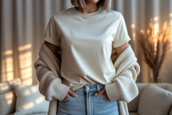 Cream tee and cardigan mockup shirt clothing Product Image 1