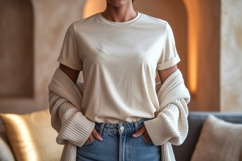 Cream tee and cardigan mockup knit blue Product Image 1