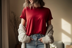 Red shirt casual outfit woman denim Product Image 1