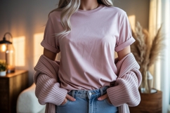 Woman wearing pink t shirt and blue jeans image Product Image 1