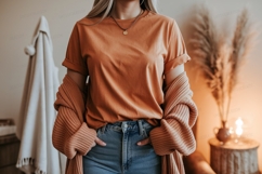 Orange tee and cardigan mockup shirt knit Product Image 1