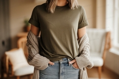 Olive green t shirt and denim jeans mockup image Product Image 1