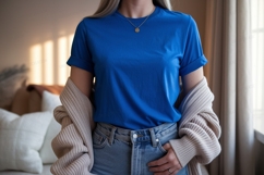 Blue t shirt and beige cardigan mockup image Product Image 1