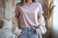Pink shirt light jeans cream cardigan mockup apparel Product Image 1