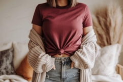 Maroon t shirt tied knot denim jeans image Product Image 1