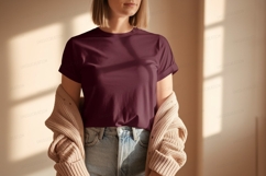 Maroon t shirt and beige cardigan mockup image Product Image 1