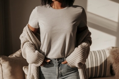 Woman wearing grey t-shirt and cardigan Product Image 1