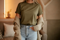 Olive green t shirt light wash jeans image Product Image 1