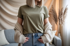 Olive green t shirt mockup with cardigan image Product Image 1