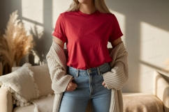 Crimson shirt light blue jeans cozy cardigan Product Image 1