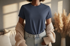 Navy blue t shirt mockup with beige cardigan image Product Image 1