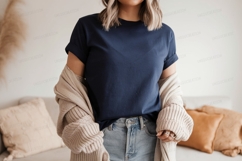 Navy blue t shirt beige cardigan light wash jeans mockup Product Image 1
