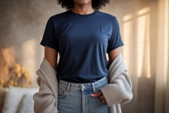 Woman wearing navy t shirt and denim jeans image Product Image 1